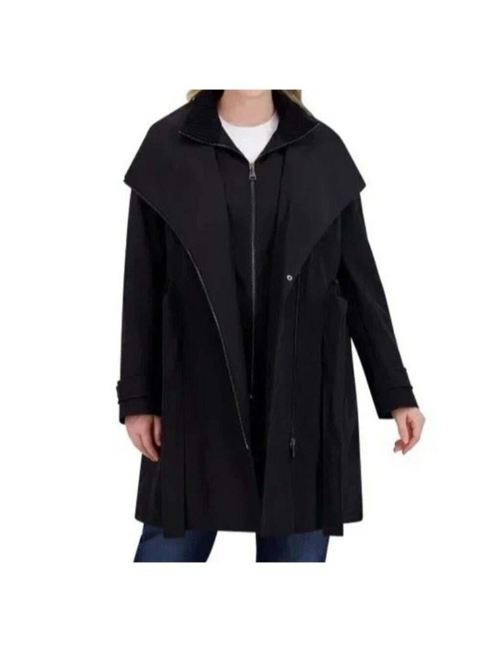 NWT Halston Women's S Black Belted Trench Coat Polyester Full Zip
